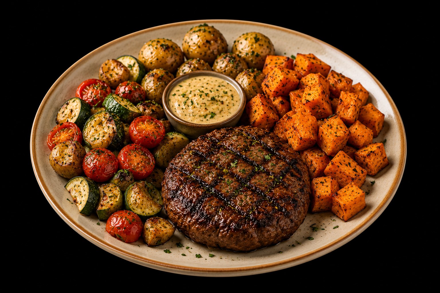 Steak haché de bœuf, patate douce rôtie & légumes provençaux